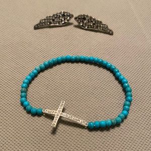 Angel wings earrings and cross rhinestone bracelet